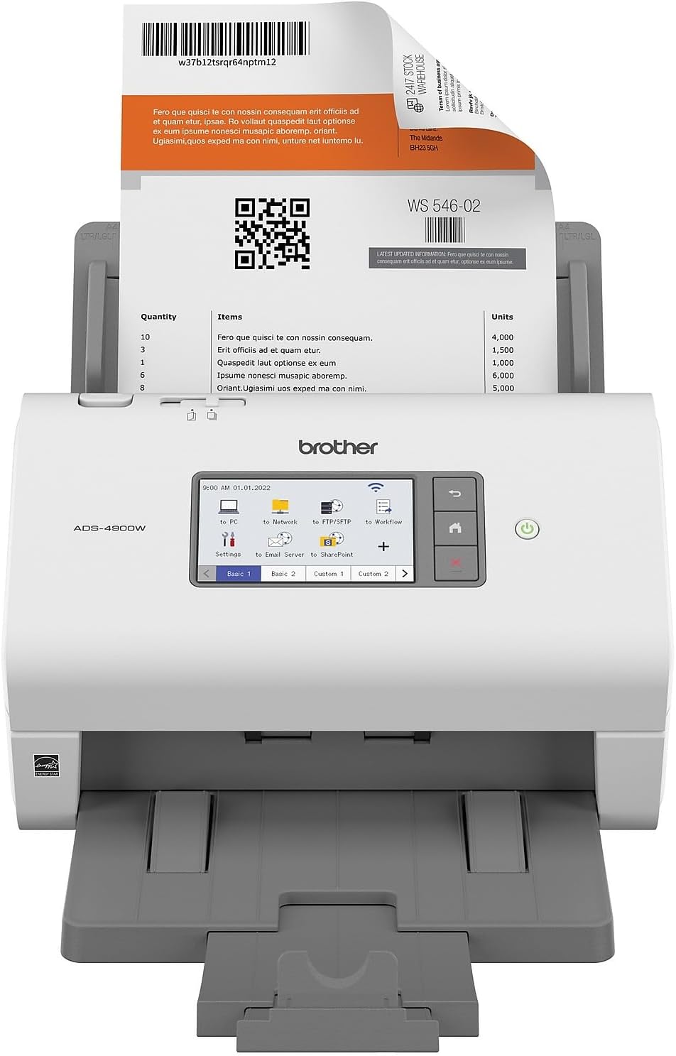 A Brother ADS-4900W scanner with a Gleam sticker on its front panel